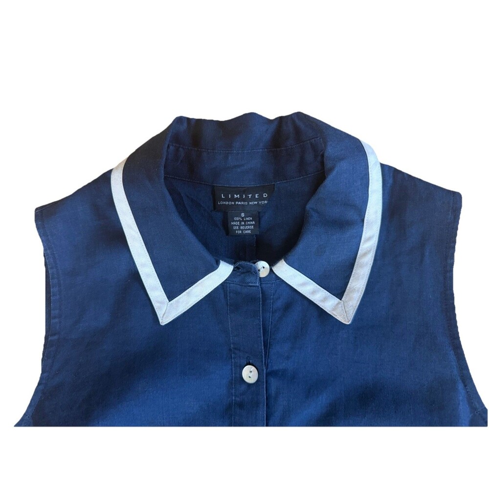 Limited 100% Linen Sleeveless Shirt Dress Navy Blue Small Collared Midi Button - Picture 4 of 8